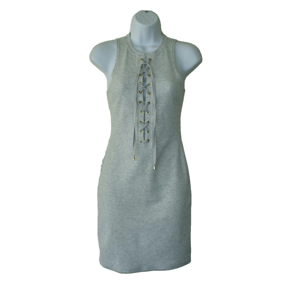 A8 Auth DEREK LAM 10 CROSBY Ivory Ribbed Knit Lace Up Bodycon Tank Dress Size XS
